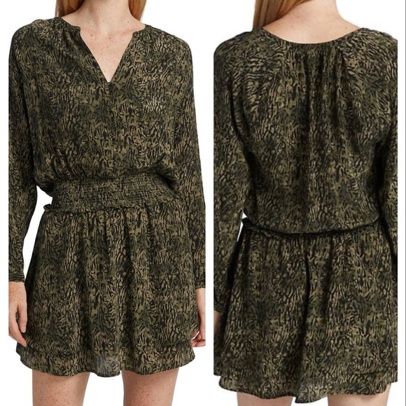 Rails Jasmine Olive Static Womens Printed Smocked Mini Dress Size M